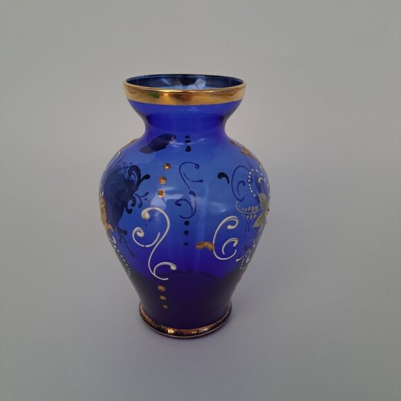 Vintage Murano Hand-Painted Cobalt Blue Glass Vase With Gold Accents & Floral De - Picture 5 of 12